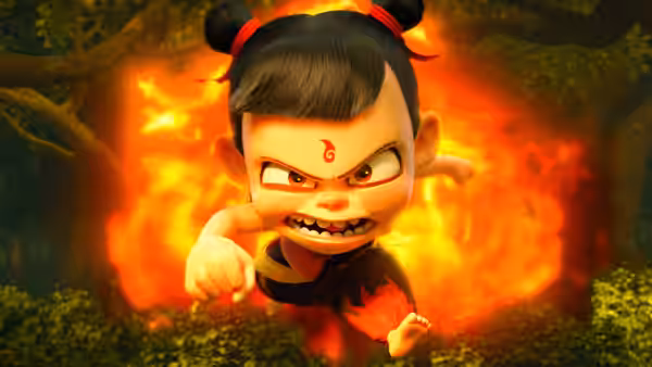 Young Nezha (Yanting Lü) charges forward through flames, fists raised