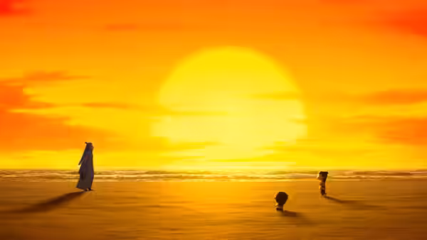 Three figures face one another on a beach beneath a huge setting sun