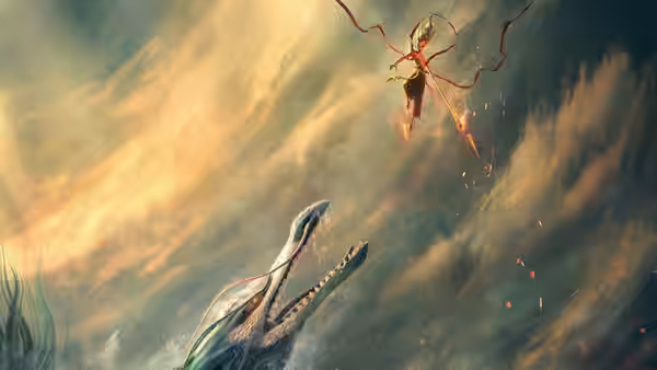 A small fiery figure rises above towering waves beneath a stormy sky