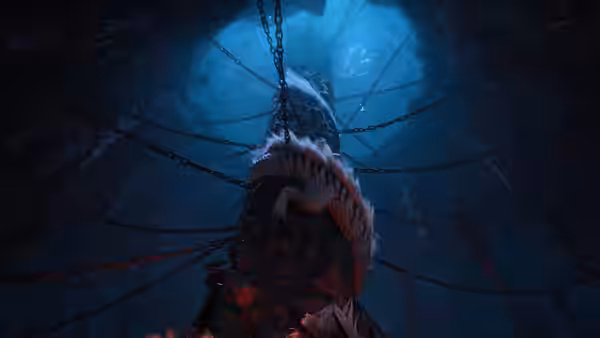 A huge horned beast hangs bound by chains in a dark cavern