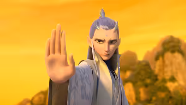 Ao Bing (Mo Han) raises a hand against the sunset, standing among distant mountains