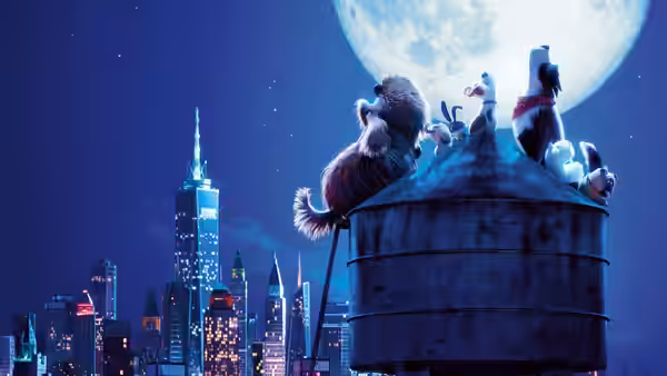 A group of pets gathers atop a rooftop water tank beneath the moon, overlooking the city skyline