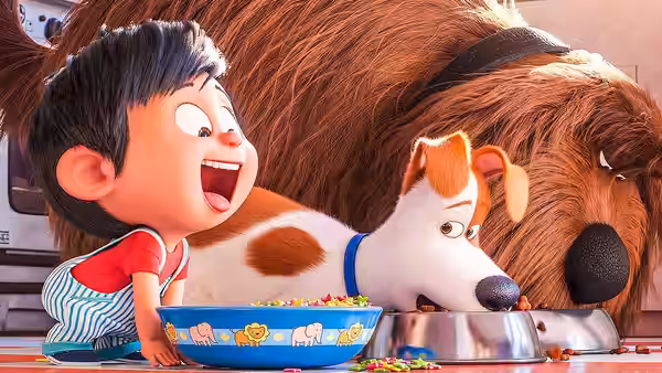 A boy and two dogs eat from bowls together