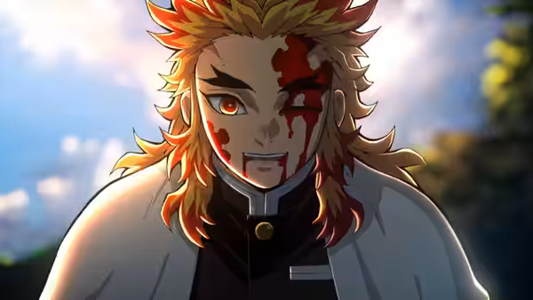 Bloodied Kyojuro Rengoku (Satoshi Hino) stands beneath a bright sky