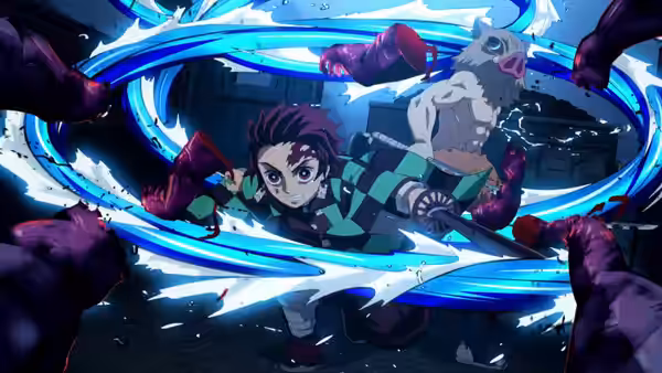 Tanjiro Kamado (Natsuki Hanae) and Inosuke Hashibira (Yoshitsugu Matsuoka) fight demons aboard the train