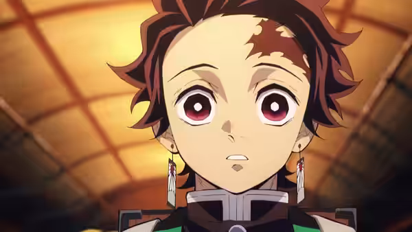 Tanjiro Kamado (Natsuki Hanae) looks upward inside the train