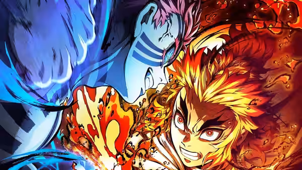 Kyojuro Rengoku (Satoshi Hino) clashes blades with the demon Akaza