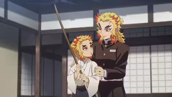 Kyojuro Rengoku (Satoshi Hino) helps his younger brother practice swordsmanship in a dojo