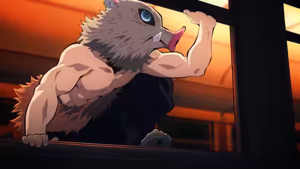Inosuke Hashibira (Yoshitsugu Matsuoka) peers through a train window in his boar mask