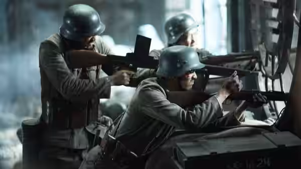 Chinese soldiers aim rifles through a shattered window from behind cover