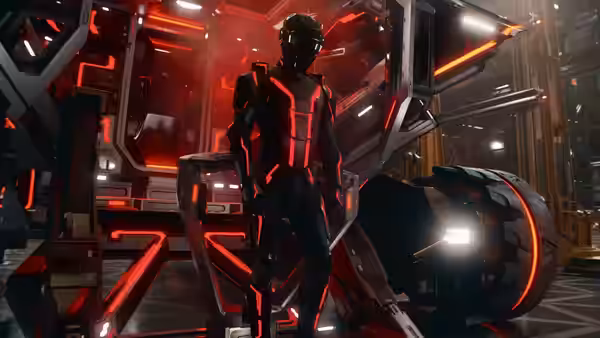 A suited rider stands inside a red-lit futuristic chamber filled with machinery