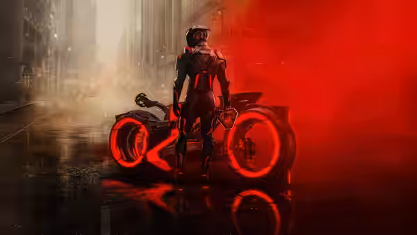 A helmeted rider stands beside a motorcycle with glowing red wheels on a wet street