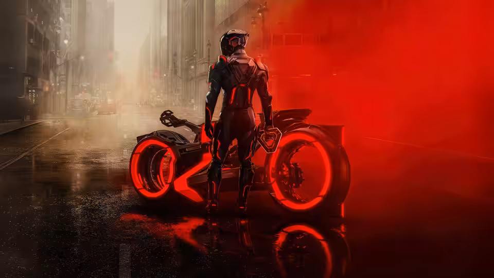 A helmeted rider stands beside a motorcycle with glowing red wheels on a wet street