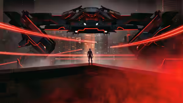 A figure stands under a large hovering craft firing red laser beams in a city
