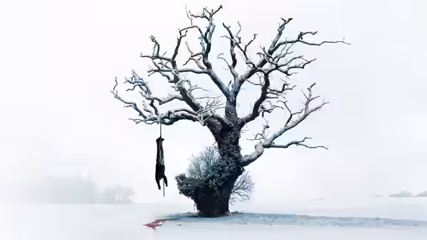 A body hanging from a bare tree in a snowy field