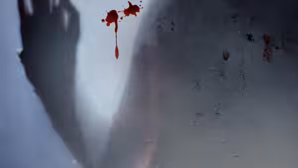 Bloody handprint pressed against a frosted surface