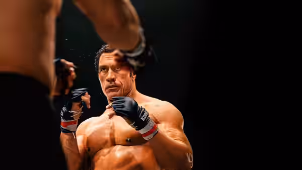 Mark Kerr (Dwayne Johnson) stares forward wearing fight gloves with sweat on his chest