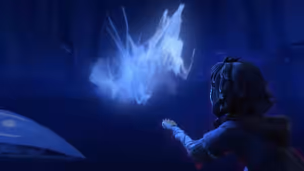 Jiang Ziya (Zheng Xi) reaches out to a luminous spirit floating in darkness