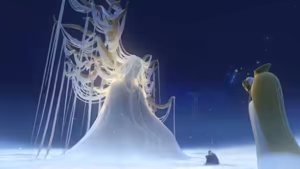 A green-cloaked figure faces a glowing, elaborate ice formation beneath a starry sky