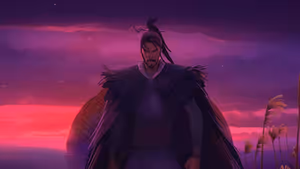 Jiang Ziya (Zheng Xi) stands by the water beneath a vivid crimson sunset