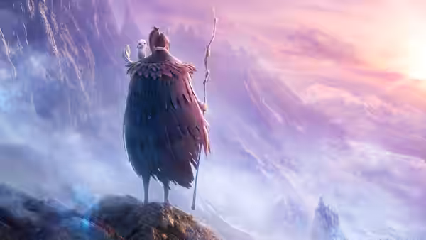 Jiang Ziya (Zheng Xi) and Si Bu Xiang stand on a rocky peak above snowy mountains