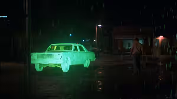 A glowing green sedan sits parked on a rain-slicked street at night