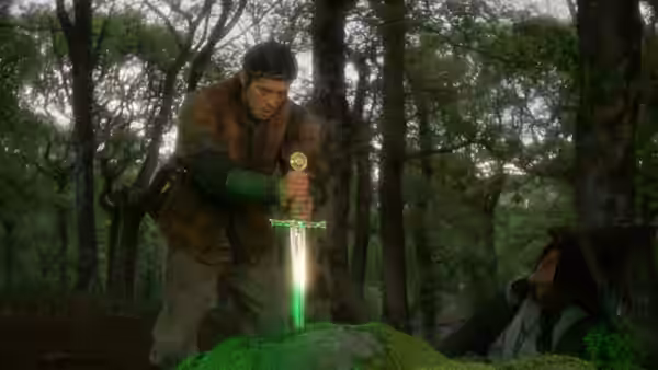Arthur pulls the glowing sword from the stone while Merlin lies nearby