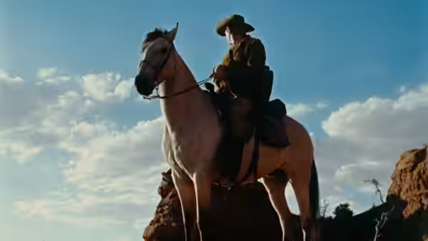 A dark-clad rider sits astride a horse beneath a clear sky