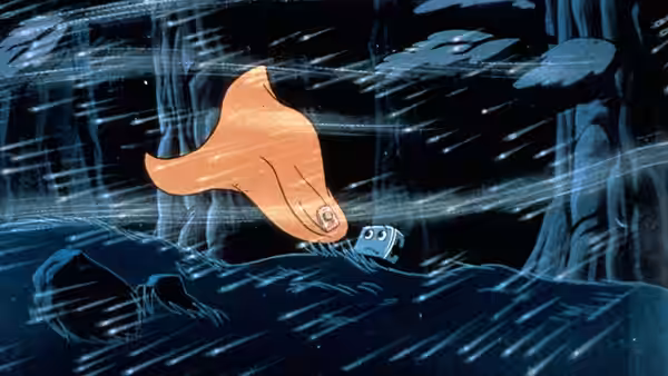 A small toaster struggles through a dark, windswept forest as an orange cloth reaches toward it