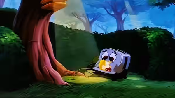 Toaster lies beneath a tree in the forest, looking up with a worried expression