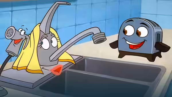 Toaster smiles at an animated faucet and showerhead beside a bathroom sink