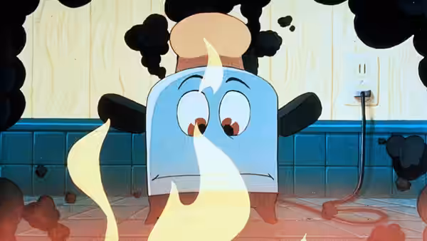Toaster stands amid flames and smoke in a tiled room