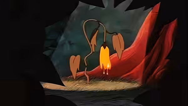 A glowing bulb hangs from a bent stem beside a tree trunk, framed by dark foliage