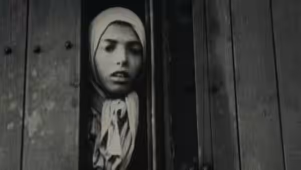 Woman in headscarf peers out through narrow gap between wooden doors