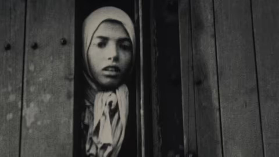 Woman in headscarf peers out through narrow gap between wooden doors