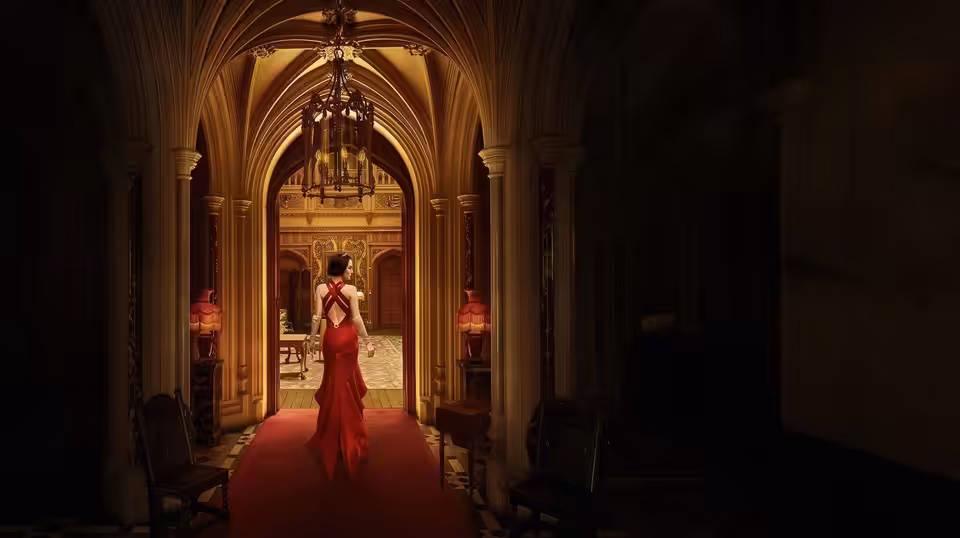 Woman in red gown walking down a carpeted arched corridor