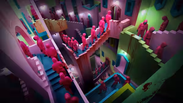Pink-clad players climb blood-stained staircases on a vast multi-level pastel geometric structure