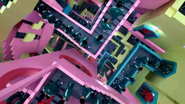 Green-uniformed players traverse pink and blue walkways in a towering multi-level geometric maze