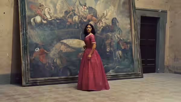 A woman in a red gown stands before a large painting in a gallery
