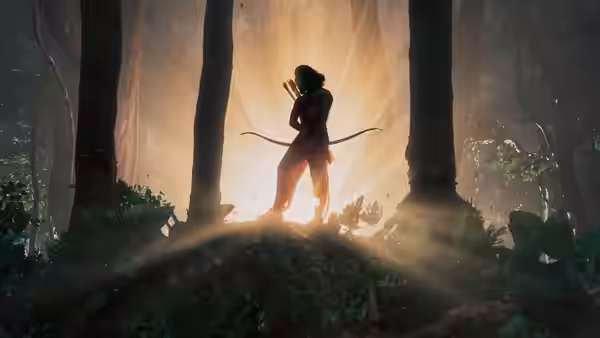 A silhouetted archer stands among trees as sunlight streams through the forest