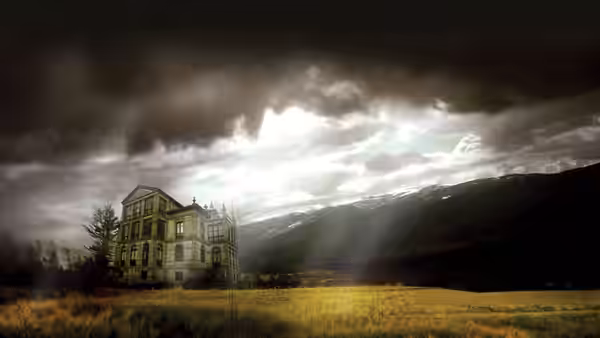 An abandoned-looking manor stands alone in a field beneath a stormy sky