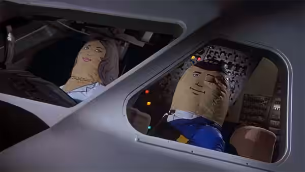 Two dummies sit in airplane cockpit seats viewed through windows