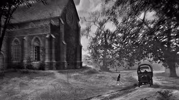 A car drives away from a large church as a lone figure stands nearby