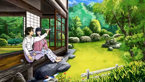 A man and woman sit on the porch of a house overlooking a lush garden