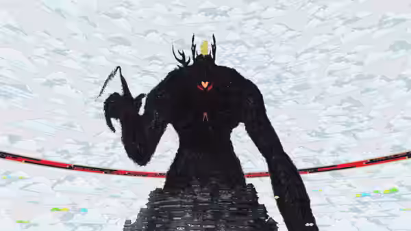 A towering black avatar looms over a digital arena
