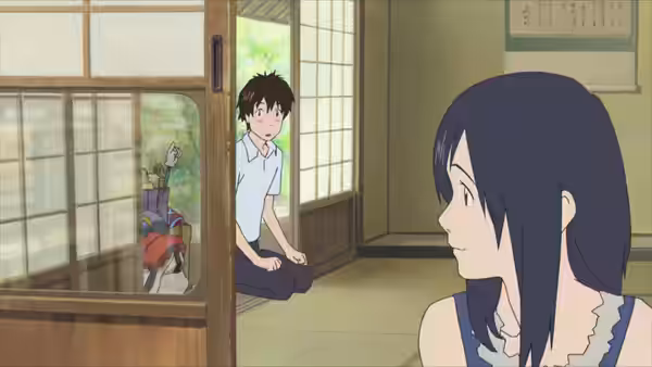 Kenji sits in a doorway behind Natsuki inside a traditional Japanese house