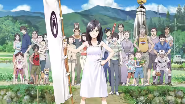 Natsuki stands with a banner as the Jinnouchi family gathers outdoors