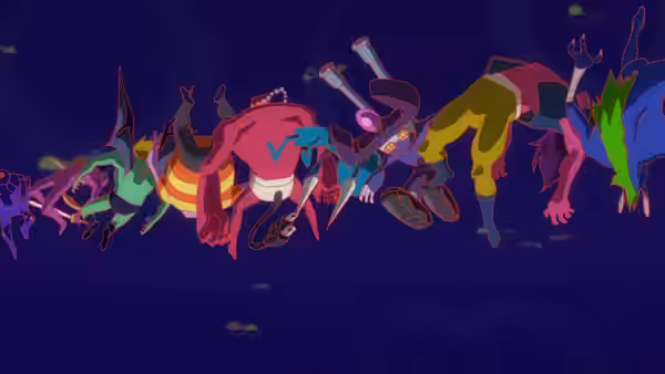 Colorful avatars tumble upside down through a dark virtual space