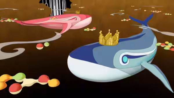A crowned blue whale avatar faces a pink creature in a dark digital space