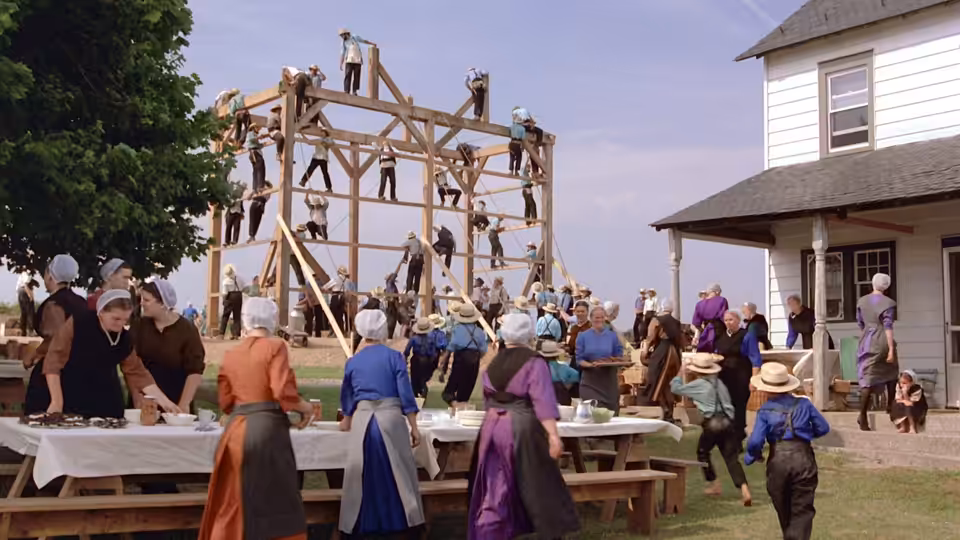 Amish women prepare food at long tables while men raise a wooden barn frame